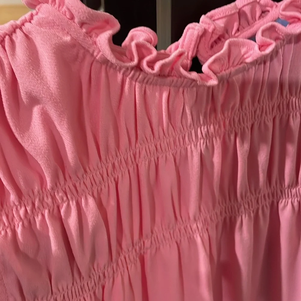 CeCe Small cotton candy pink sleeveless shirt w/ruffle detail at neck - Picture 5 of 5
